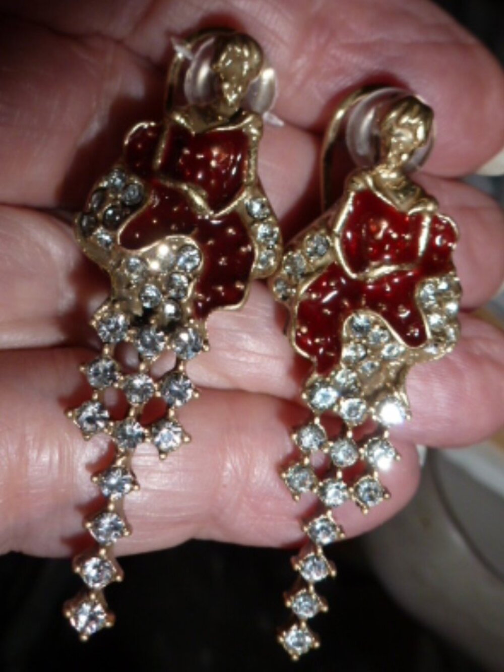 Golden Ballerina enamel rhinestone omega back earrings NEW Unusual